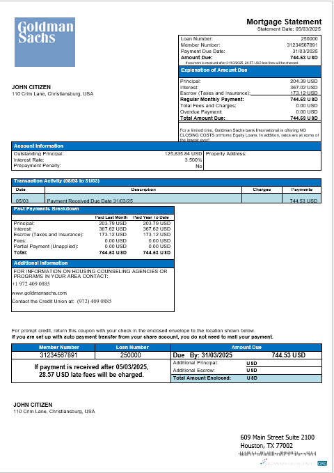 Download USA Goldman Sachs bank mortgage statement in Word and PDF formats Photoshop template
